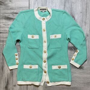 Worldly Things by Styltricot Cream & Teal Wool Gold Button Down Top Size 6